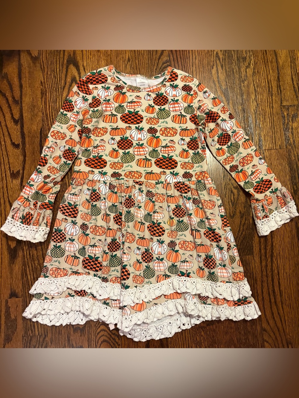 Girls' Pumpkin Print Long-Sleeve Dress - Biege & Orange